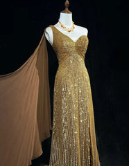 Vintage Mermaid 2000s One Shoulder Gold Sequin Formal Dress Long Sparkly Prom Dresses N2574