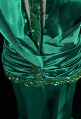 Vintage Prom Dresses A Line Halter Green Satin 80s With Beading Long Formal Evening Outfits N3904