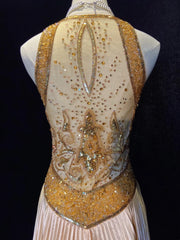 Vintage Prom Dresses 80s A Line Halter Sleeveless Gold With Beading Semi Formal Evening Outfits N3610