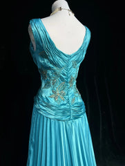 Vintage Prom Aesthetic Dresses A line Blue Satin With Beading Appliqued Long Formal Dress N3024