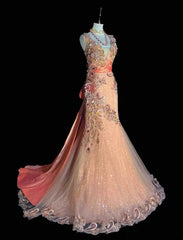Vintage Prom Dresses Mermaid Straps Light Pink Sequined Lace With Flowers Long Evening Outfits N3441