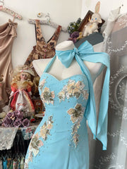 Classy Prom Dresses Sheath Halter Tiffany Blue Chiffon With Appliqued Long Formal Evening Outfits N3765