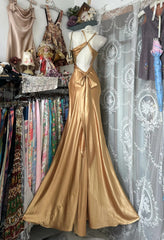 Classy Prom Dresses Mermaid Halter Gold Satin Backless Long Formal Evening Outfits N3766