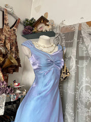 Vintage Mermaid Blue Lilac Satin Sleeveless Summer Formal For Women Girls Teens Prom Dresses N2249