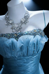 Pretty Prom Dresses Mermaid Spaghetti Strap Blue Organza With Beaded Bodice Long Formal Dress N3045