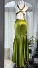 Charming Prom Dresses Mermaid Halter Backless Green With Beaded Floor Length Evening Outfits N3545