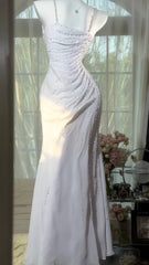 Modest Prom Dresses Mermaid Spaghetti Strap White Chiffon With Beading Floor Length Evening Outfits N3529