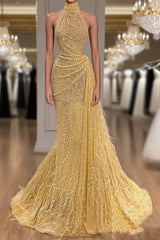 Yellow Evening Dress Long High Neck Sparkly Feather Luxury Bling Evening Gown Formal Prom Dress AB1662