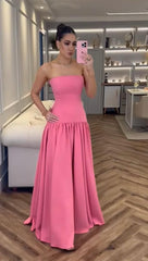Chic A Line Strapless Pink Satin Pleated Sleeveless Long Party Formal Women Prom Dresses AB1885