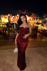 Sparkling Burgundy Sweetheart Strapless Sleeveless Sequins Prom Dress Mermaid Column On Sale N1768