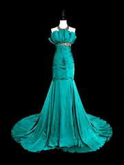 Vintage Mermaid Strapless Satin Green 70s With Pleated Beads Long Prom Gown Party Wear Dresses N1842