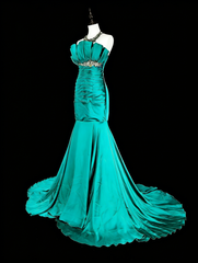 Vintage Mermaid Strapless Satin Green 70s With Pleated Beads Long Prom Gown Party Wear Dresses N1842