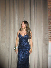 Modest Mermaid Prom Dresses For Women Spaghetti Straps Navy Blue Sequin Party Gown Birthday Gowns N1528