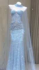 Blue Mermaid Prom Dress Aesthetic Sweetheart Tulle Long Formal Evening Dresses AB1664