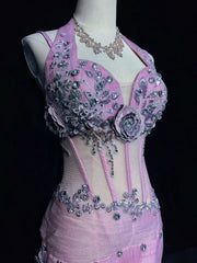 Modest Prom Dresses Mermaid Halter Lilac Tulle With Beading Lace Long Formal Evening Dress N3882