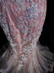 Modest Prom Dresses Mermaid Spaghetti Strap Pink Lace Short Sleeves Long Formal Evening Outfits N3627