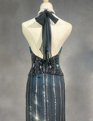 Vintage Prom Dresses 1980s Mermaid Halter Black Chiffon With Beaded Long Prom Gown N3122