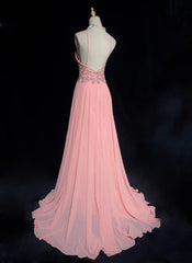 Modest Prom Dresses A line Halter Pink Chiffon With Beading Long Evening Outfits N3464