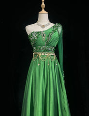 Sexy A Line One Shoulder Green Chiffon With Beads Gem Crystals Formal Dress Long Prom Dresses N2697