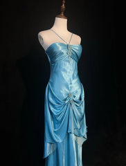 Modest Prom Dresses Mermaid Halter Blue Satin Sleeveless With Ruffled Formal Evening Dress N3828