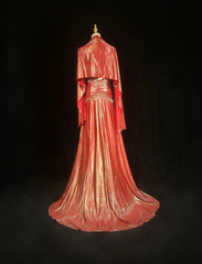 Classy A line Straps Coral With Beading Folds Sleeveless Long Formal Dress Gown With Cape Prom Dresses N2448