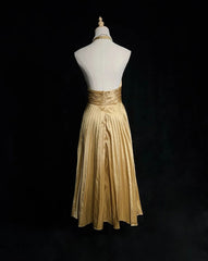 Vintage Prom Dresses 1960s A line Halter Gold Tea Lenngth Satin With Pleated Prom Gown N3123