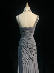 Simple Prom Dresses Mermaid Spaghetti Strap Grey Chiffon Floor Length Ruffled Formal Evening Dress N3685
