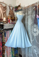 Vintage Prom Dresses 80s A line Spaghetti Strap Light Sky Blue Chiffon Semi Formal Evening Outfits N3645