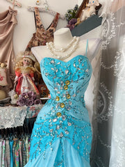 Classy Prom Dresses Mermaid Spaghetti Strap Blue Chiffon Sleeveless Formal Evening Outfits N3780
