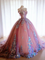 Cute Ball Gown Spaghetti Straps Pink Satin With Appliqued Long Party Gowns Prom Dresses N3039