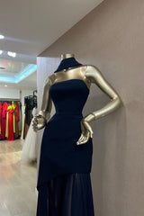 Elegant Mermaid Strapless Navy Blue With Scarf Winter Long Formal Ideas Prom Evening Dress Dinner Outfits Party Gowns For Women AB2024