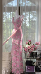 Modest Prom Dresses Mermaid Spaghetti Strap Pink Lace Sleeveless Backless Long Evening Outfits N3568