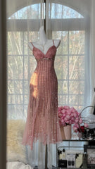 Charming Prom Dresses Mermaid Spaghetti Strap Pink Chiffon Tea Length Evening Outfits N3554