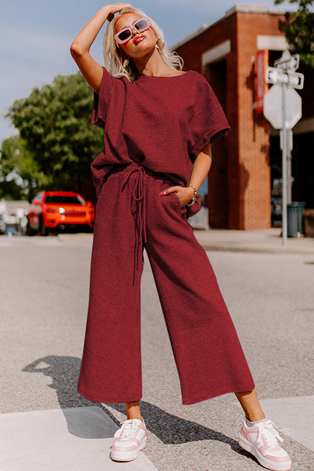 Strawberry Pink Textured Loose Fit T Shirt & Drawstring Pants Set