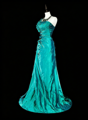 Vintage Mermaid One Shoulder Green 70s With Pleated Beads Long Prom Gown Party Wear Dresses N1838