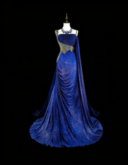 Vintage 1980s Mermaid One Shoulder Royal Blue Satin With Beaded Long Prom Formal Dresses N1607