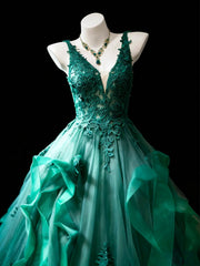 Modest Prom Dresses Ball Gown V Neck Dark Green Tulle With Appliqued Long Quince Dress N3057