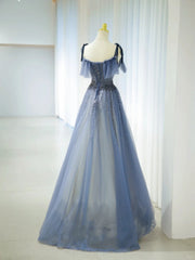 Romantic A Line Spaghetti Strap Dusty Blue Grey With Beading Formal Dress Long Prom Dresses N2856