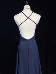 Vintage Prom Dresses 90s A line Spaghetti Strap Navy Blue Sequined Backless Long Evening Outfits N3141