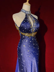 Vintage Prom Dresses 90s Mermaid High Neck Royal Blue Satin Backless Silver Beading Long Semi Formal Evening Dress N3673