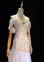 Beautiful Prom Dresses Mermaid Spaghetti Strap Gold Lace With Sleeves Long Formal Evening Outfits N3659