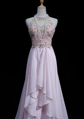 Vintage Prom Aesthetic Dresses A Line Jewel Pearl Pink Chiffon With Beading Long Formal Dress N3033