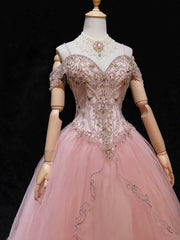 Princess Prom Dresses Inspo Ball Gown Pink Tulle Long With Beading Formal Gowns N3392