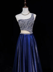 Simple Prom Dresses A line One Shoulder Royal Blue Floor Length Beaded Formal Evening Dress N3688