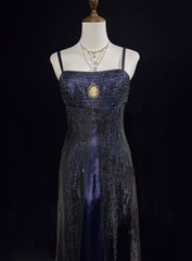 Vintage Prom Dresses A line Spaghetti Strap Navy Blue Tulle 80s With Beading Long Formal Evening Outfits N3871
