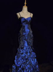 Vintage Prom Dresses Inspo Mermaid Spaghetti Strap Navy Blue Tiered Layers 80s With Ruffled Formal Gowns N3361