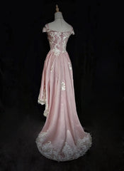 Modest Prom Dresses Inspo High Low Off The Shoulder Pink Satin With Lace For Women Formal Dress N3218