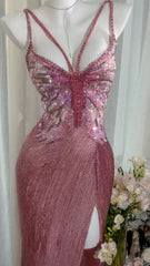 Elegant Prom Dresses Mermaid Spaghetti Strap Pink Sequin Slit Floor Length Formal Evening Outfits N3521