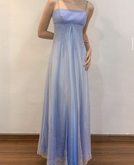 Vintage A line Spaghetti Strap Ombre Blue With Beading Formal Dress Long Prom Dresses N2748
