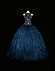 Modest Prom Dresses Ball Gown Navy Blue Tulle Sleeveless Sweet 16 Dress Formal Evening Outfits N3515